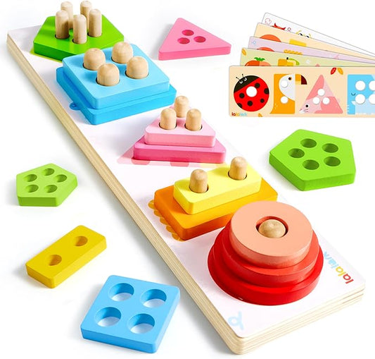 Montessori Toys for 1 2 3 Year Old Boy Girl, Wooden Sorting & Stacking Toys, Shape Sorter Baby Toy, Educational Sensory Toys for Kids, Wooden Blocks for Toddler 1-3, Christmas Birthday Gifts