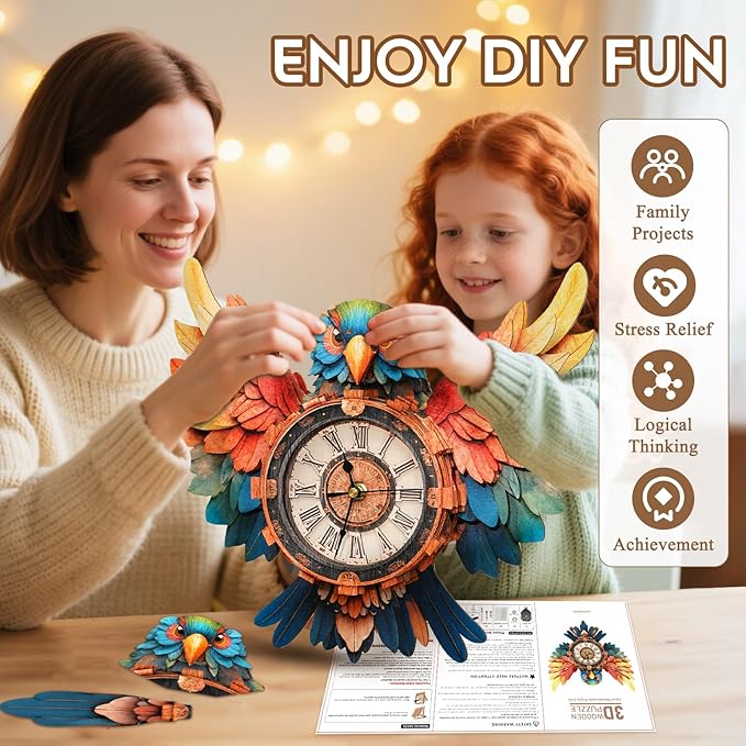 3D Puzzle for Adults Clock - Parrot Wall Clock Design Model Kit-Mechanical DIY Pendulum Clock with Roman Numerals- Desk Home Office Decor Personalized Gift for DIY Lovers