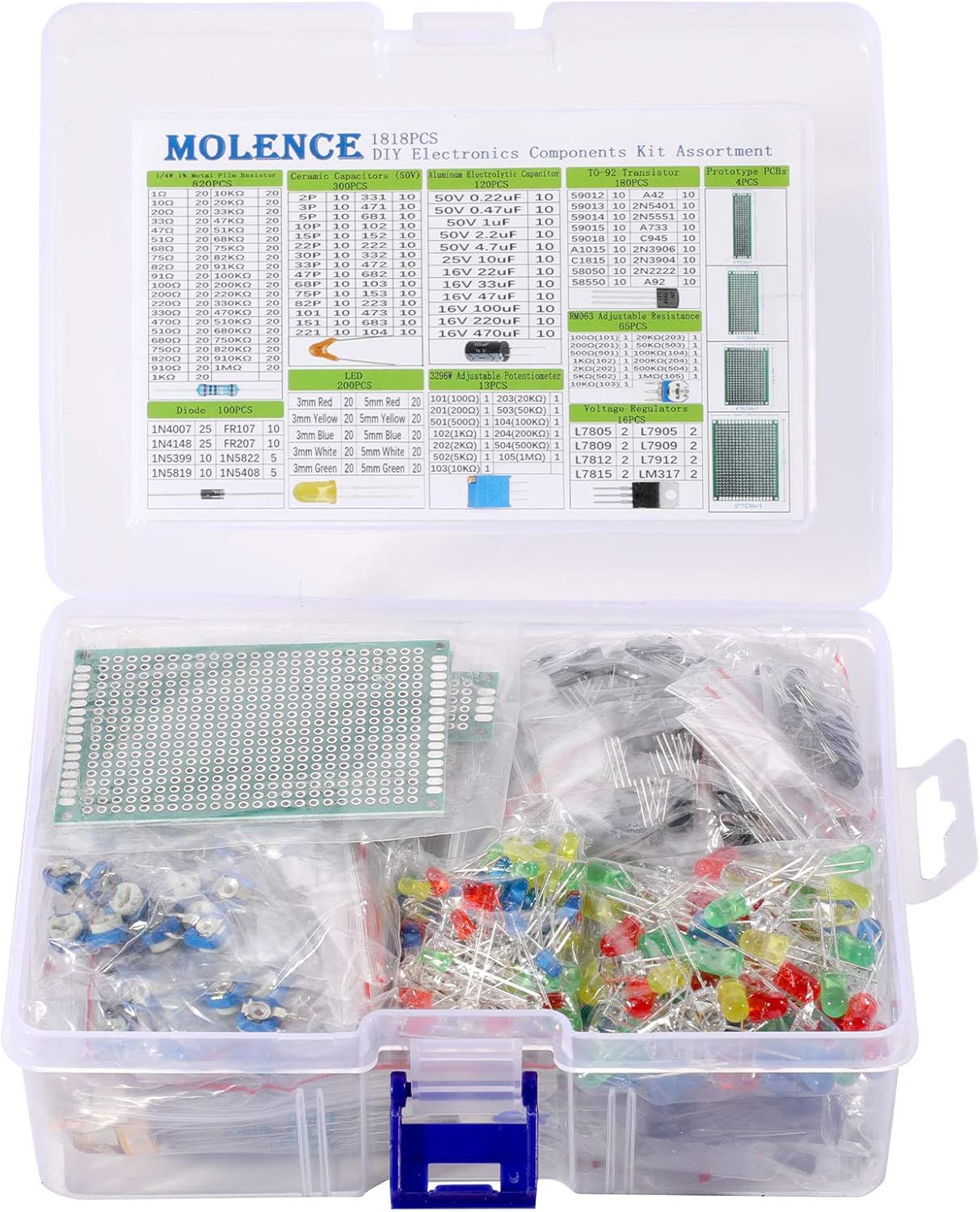 DIY Electronics Components Kit Assortment, Resistors 1818PCS, LED, Triode, Capacitors, Diodes, PCB, Potentiometer, Variable Resistance, Stabilivolt for Arduino UNO MEGA2560 Raspberry Pi MCU