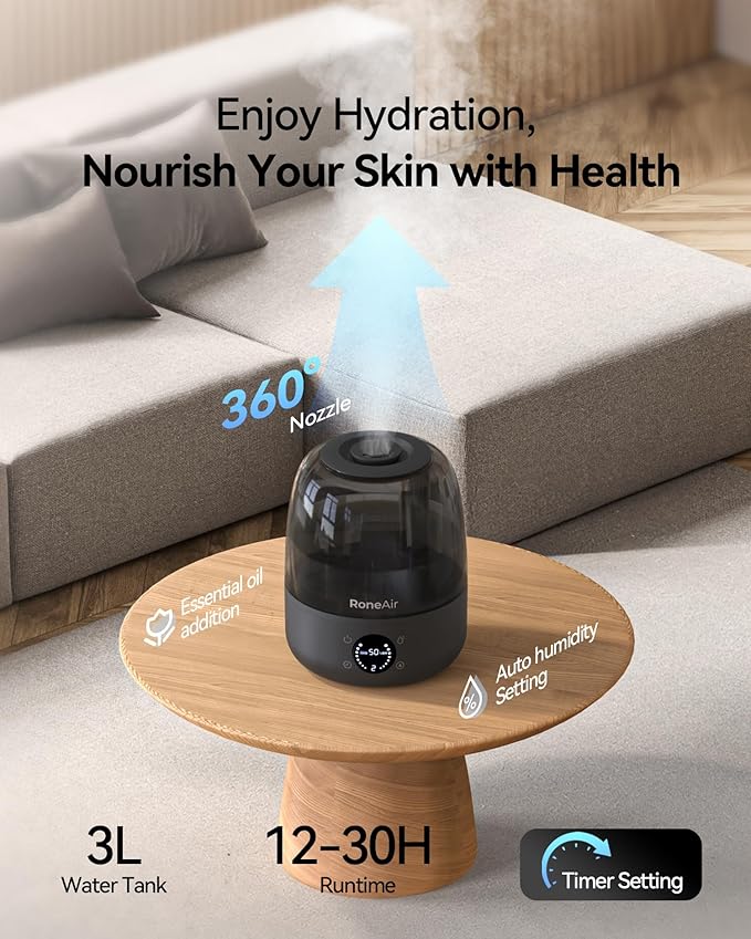 Humidifiers for Bedroom Large Room Home, 3L Cool Mist Humidifiers for Baby Nursery & Plants, Ultrasonic, Oil Diffuser, Timer, Auto Shut-Off, 360° Nozzle, 26dB Quiet, Automatic Mode