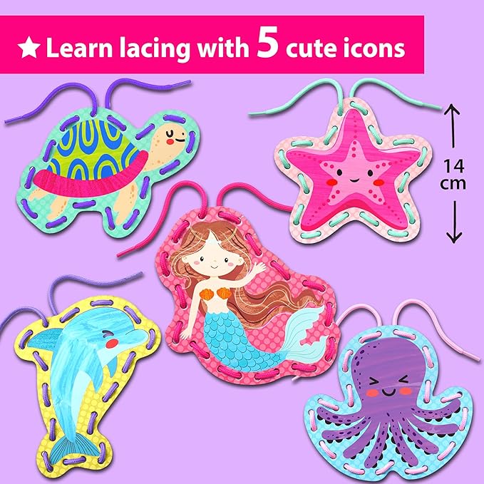 KRAFUN Beginner Mermaid Lacing Card Kit for Kids Arts & Crafts, 5 Easy Mermaid, Animal Lacing Projects, Paper Lace Cards for Toddlers, Fine Motor Preschool Skills Toys