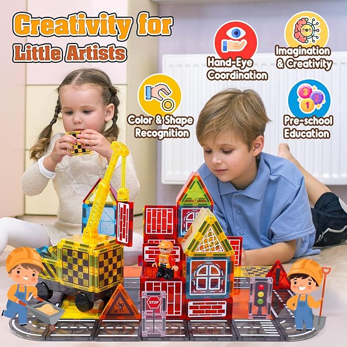 Magnetic Tiles Kids Construction Toys - Road Set with Magnet Crane for Boys Age 3-5 4-8 8-10, Magnet Building Blocks Expansion Pack Toy Car Track Train Set, Road, Dolls, Traffic Lights and Stations