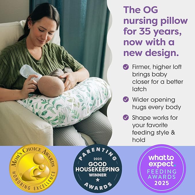 Boppy Nursing Pillow - Ergonomic Bottle & Breastfeeding Pillow with High, Firm, Large Area, Water-Repellent Cushion with Washable Cover; Baby Safety Alliance Verified - Sage Green Leaf