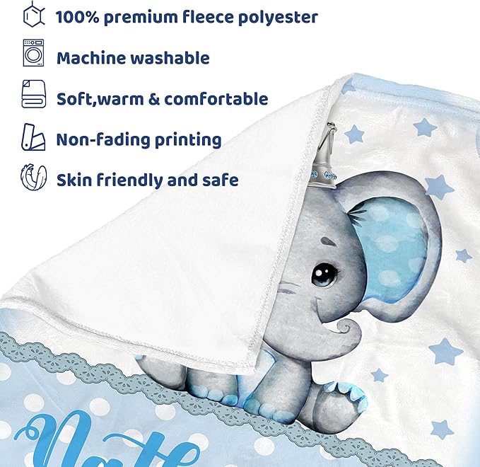 J&SBGFT Personalized Baby Blanket for Boys, Customized Name Blanket for Toddlers Kids Nursery Stroller Crib Decor Throw, King Elephant