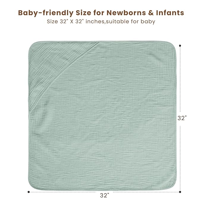 Konssy 2-Pack Muslin Hooded Baby Towels, 100% Cotton, Ultra-Soft & Absorbent Baby Bath Towels with Hood for Newborn & Infant (Green, Leafy,32" x 32")