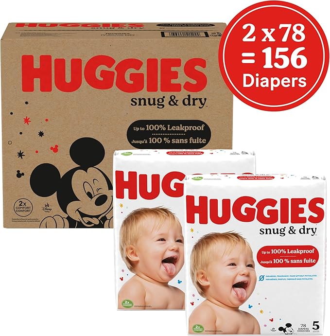 Huggies Size 5 Diapers, Snug & Dry Baby Diapers, Size 5 (27+ lbs), 156 Count (2 Packs of 78), Packaging May Vary