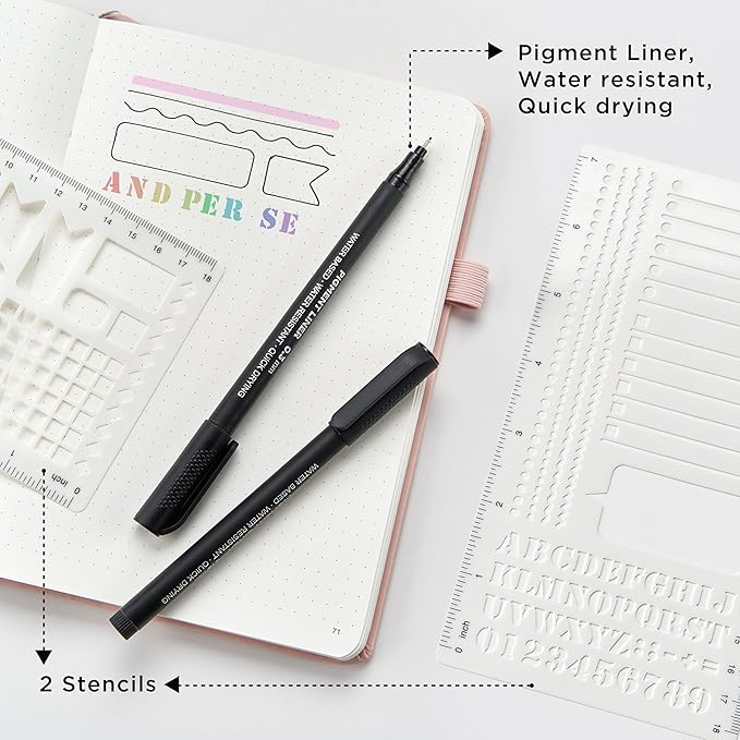 &And Per Se Bullet Dotted Journal Notebook, A5 Leather Hardcover, 176 Numbered Pages 100GSM Thick Dotted Paper, 2 Sheets of Stencils Included - 5.7'' x 8'' (Cyan)