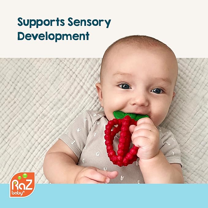 RaZbaby Bites Silicone Baby Teething Toy – Sensory Toy with Textured BerryBumps for Teething Relief, Easy-to-Hold Fruit Shape, BPA-Free, Soothes Front & Back Teeth – Gift for Babies, 3 Months+, Blue