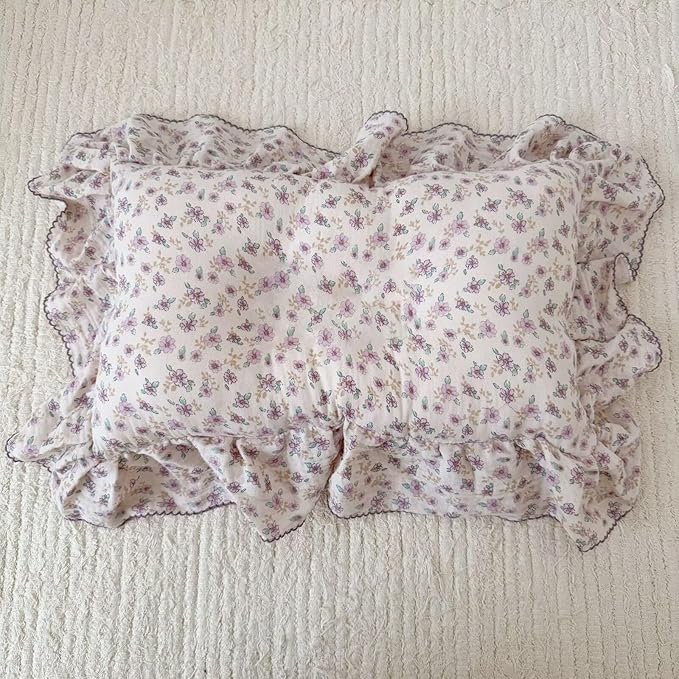 BuLuTu Purple Flower Print Kids Pillow Cases 20"x26" Fit for Standard Size Pillow, Soft Lightweight Muslin Pillow Cover 100% Cotton Floral Print Children Pillowcases with Ruffles, 1 pc