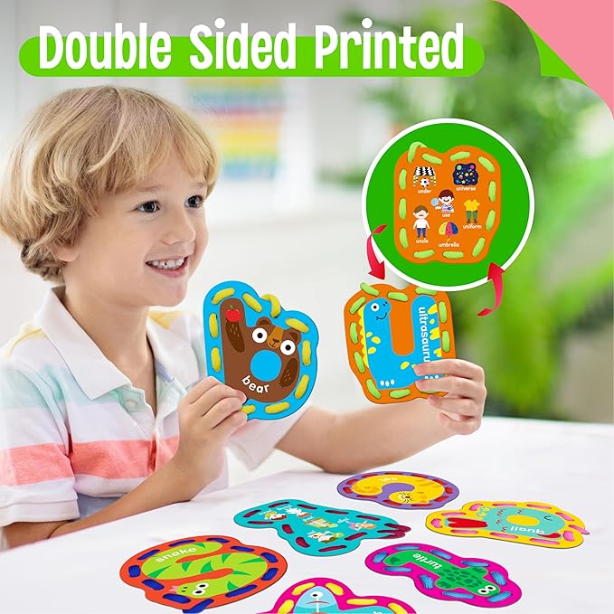 26PCS Alphabet Lacing Cards, Lowercase Letters Sewing Kit with 26 Double-Sided Cards and 26 Colorful Laces Alphabet Learning Toy Motor Skills Art Crafts for Toddlers, Kids, Students