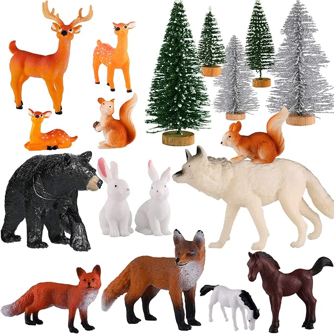 Skylety 18 Piece Wild Forest Animals Figures Toys Set Assorted Creatures Forest Diorama Realistic Plastic Woodland Animals Figurines Model Trees for Birthday Party Favors for Boys and Girls