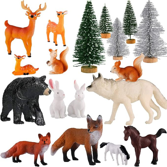 Skylety 18 Piece Wild Forest Animals Figures Toys Set Assorted Creatures Forest Diorama Realistic Plastic Woodland Animals Figurines Model Trees for Birthday Party Favors for Boys and Girls