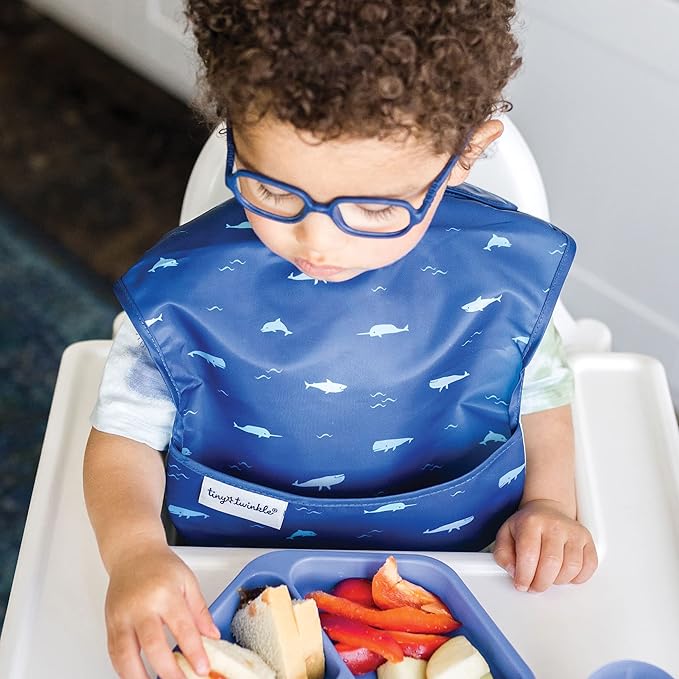 Tiny Twinkle Mess Proof Baby Bibs for Eating – Waterproof, Wipeable Toddler Bibs with Pocket – Baby Food Bibs for Girls & Boys(3 Pack,Sea, Dino)