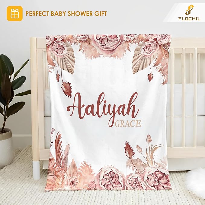 FLOCHIL Personalized Baby Blankets, Custom Baby Blanket - Baby Blanket with Name for Girls, Best Gift for Newborn Floral Plush Fleece (30x40)