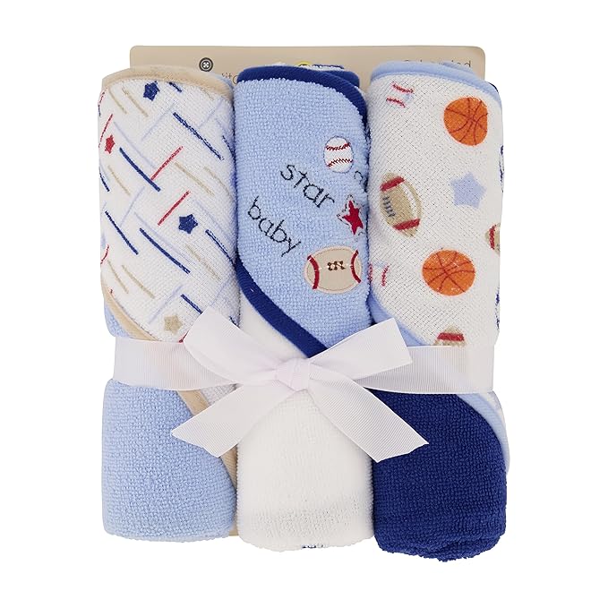 Cudlie Buttons & Stitches Baby Boy 3 Pack Rolled/Carded Hooded Towels in All Star Baby Print (GS71720),3 Count (Pack of 1)