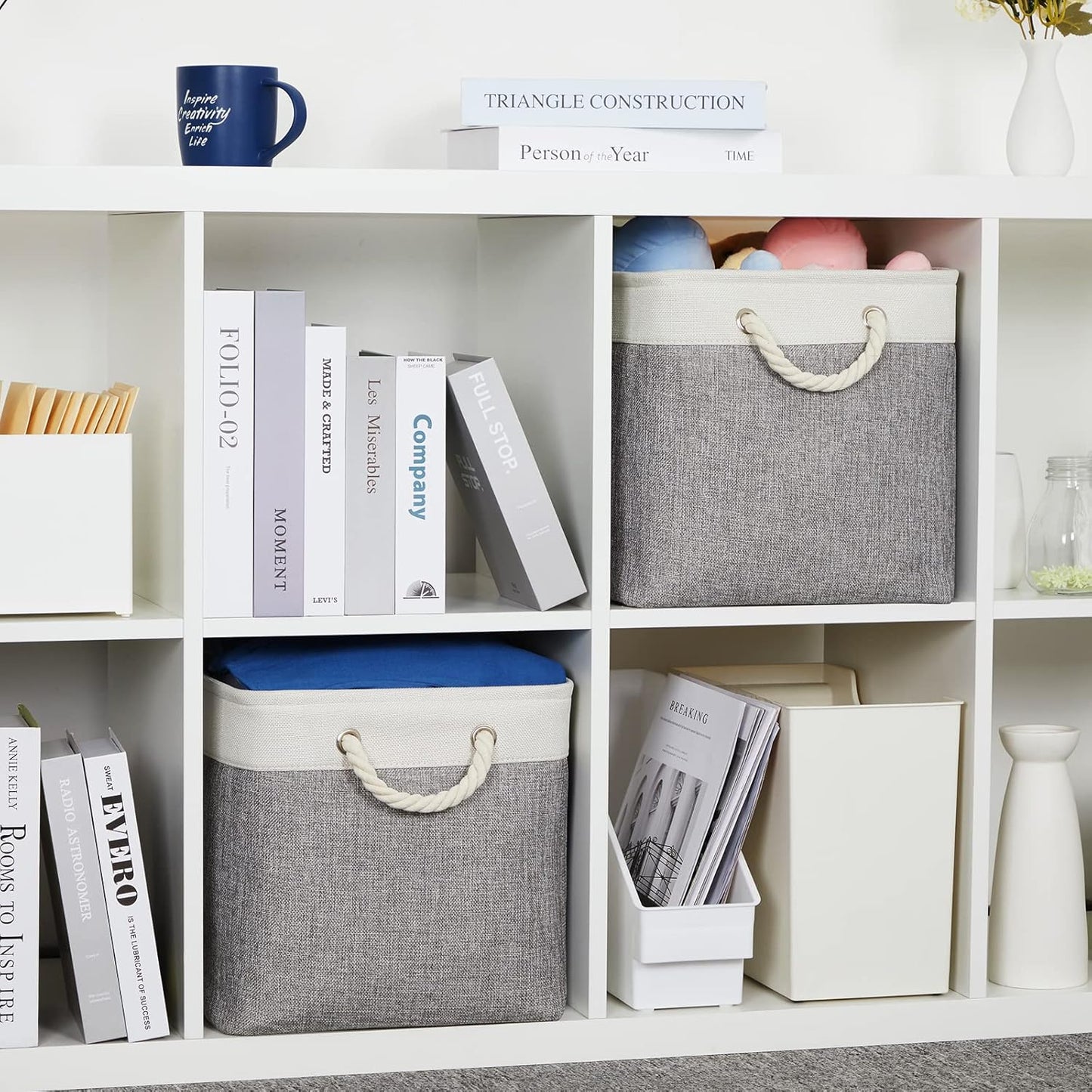 DULLEMELO Storage Baskets for Organizing 16x12x12 Large Fabric Storage Bins Baskets Set of 2 Collapsible Decorative Storage Boxes for Shelves Closets Nursery Toy Clothes (White And Grey)