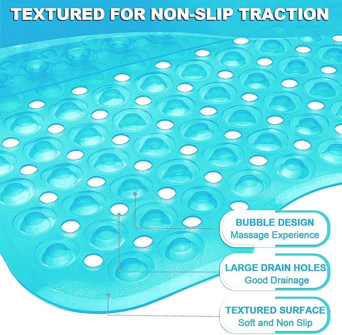 Linoows Bathtub and Shower Mats, 40x16 Inch Extra Large Non Slip Soft Bath Tub Mat with Suction Cups and Drain Holes for Bathroom Floor and Keep Tubs Clean, Machine Washable, Clear Turquoise