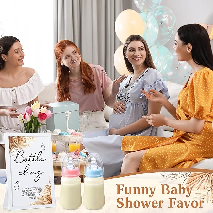 Roowest Bottle Chug Baby Shower Game Favors Including Boho Theme Wooden Sign and 18 Pcs Baby Bottles for Gender Reveal Party Supplies