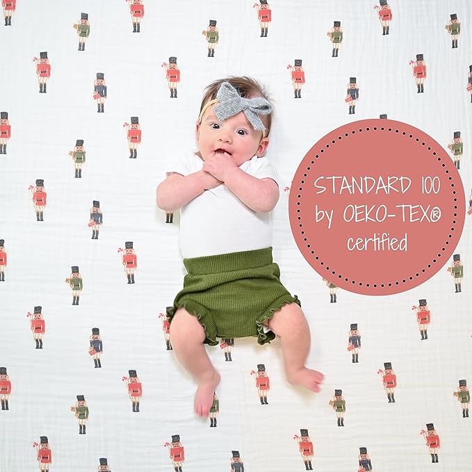LollyBanks Muslin Swaddle Blanket | 100% Cotton | Newborn and Infant Blanket | Large 47 x 47 inches for Girls | Light Weight and Breathable | Nutcrackers Christmas Theme