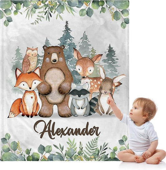 J&SBGFT Personalized Baby Blanket with Name, Customized Name Receiving Blanket for Boys' Crib, Stroller & Nursery - Forest Animal Theme