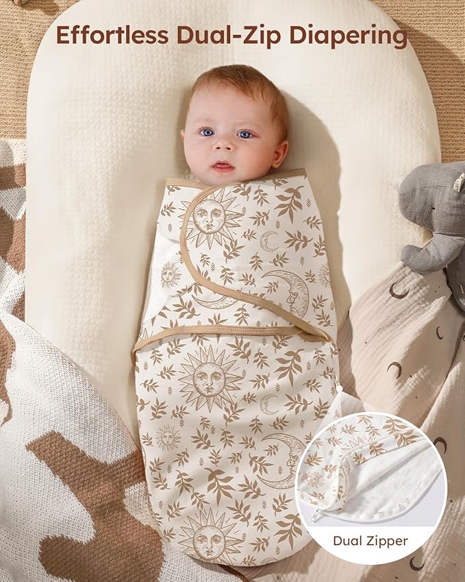 Baby Swaddles for Newborns with Zipper, 100% Cotton Newborn Swaddle Sack, 3 Pack Baby Swaddles 0-3 Months Swaddle Sleep Sack for Newborn Baby Boy Girl Brown Sun