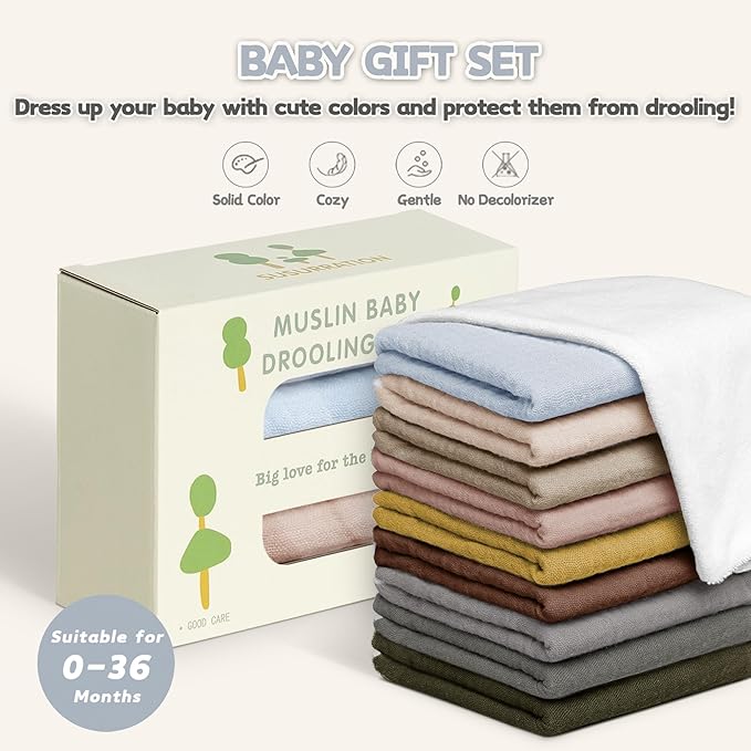 Susurration Muslin Baby Drool Bibs 10Pack Soft Square Adjustable Bandana Bibs for Unisex Baby Girls & Boys