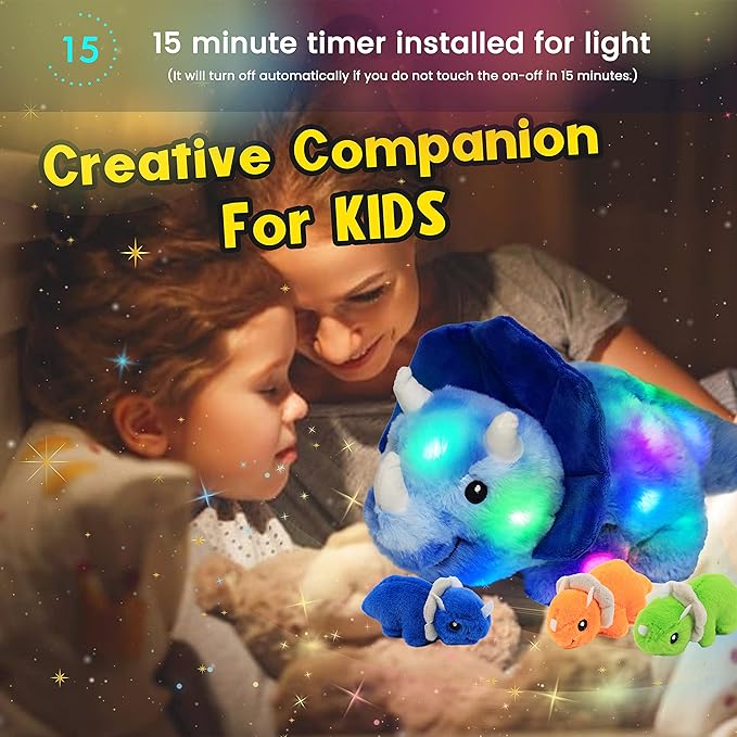 Hopearl LED Plush Dinosaur Lighting Up Stuffed Mommy Triceratops with 3 Babies in her Tummy Floppy Stuffed Animal Playset Night Lights Glow in The Dark Gifts for Kids Toddler Boys, Blue, 15''