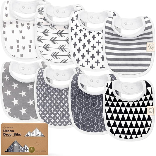 8-Pack Organic Baby Bibs for Boys, Girls - Soft Cotton Drooling and Teething Bibs for Baby Girl & Boy, Extra Absorbent, Easy To Clean & Put On for Toddler, Newborn, Infant 0-24 Months(Grayscale)