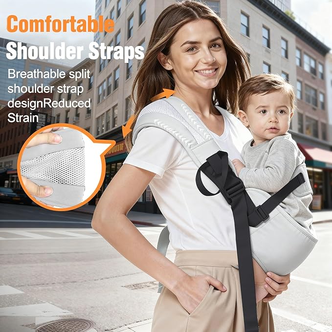Toddler Carrier Sling for Newborn to Toddler, Ring Sling Baby Carrier 15–55 lbs with Breathable & Anti-Slip Seat Cushion for Comfort, Lightweight Travel-Friendly (Light Gray)
