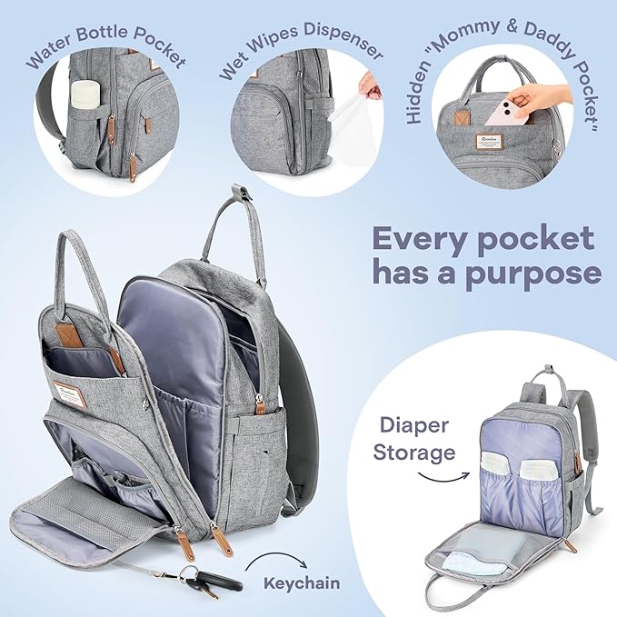 RUVALINO Diaper Bag Backpack-Multifunction Travel Baby Diaper Bag with Changing Pad, Insulated Bottle Holders & Pacifier Case, Large Capacity, Waterproof, Gray
