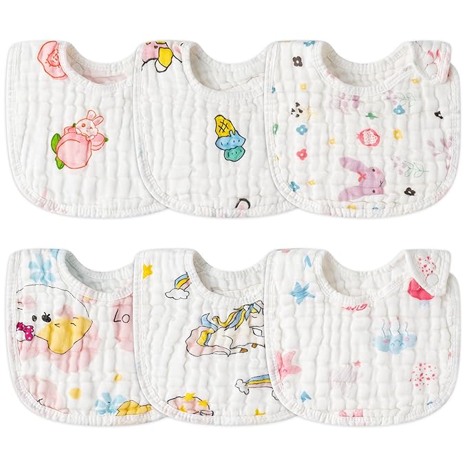 Zainpe 6Pcs Snap Muslin Cotton Baby Bibs Star Cat Rabbit Pattern Adjustable Feeding Bib Machine Washable Unisex Burp Cloths with 6 Absorbent & Soft Layers for Infant Toddler Newborn Eating Drooling