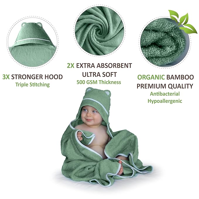 Premium Baby Bath Towel - Rayon Made from Bamboo Hooded Baby Towels - Newborn Baby Towel with Hood - Large Hooded Towel for Newborn Infant Boy Girl (Green)