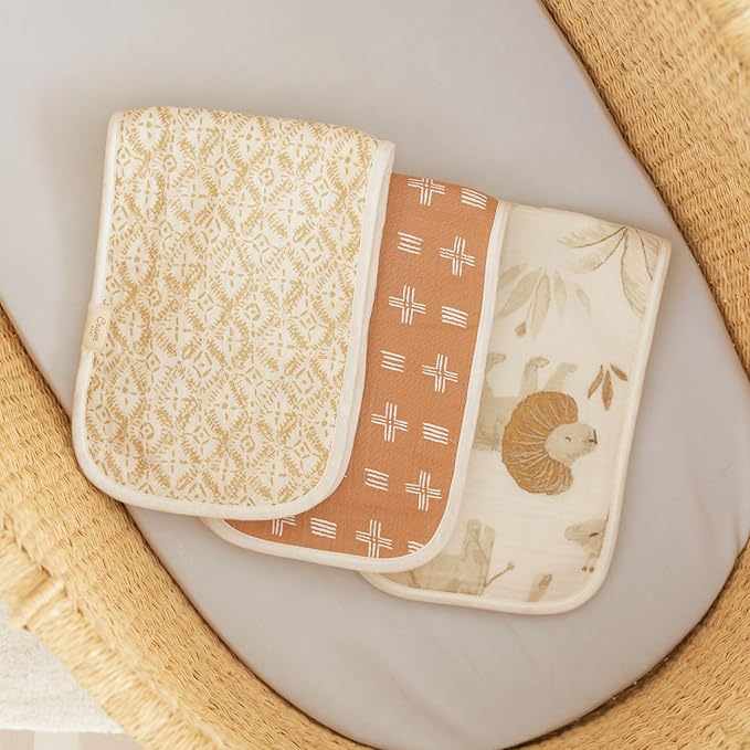 Crane Baby Muslin Baby Burp Cloths Set of 3, Safari Animal Print, 100% Cotton, Absorbent, Lightweight, 7"X20", Baby Newborn Essentials, Safari Baby Stuff