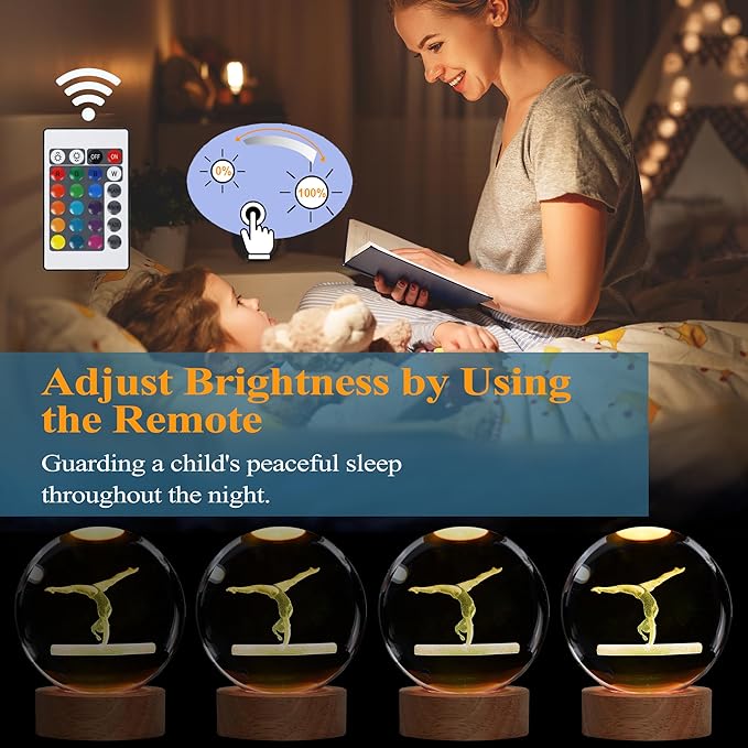 Gymnastics Night Light, Gymnastics Gifts for Girl, Gymnastics 3D (3.15 in) Crystal Ball Night Light with Remote Upgraded Lamps with 16 Color for Birthday Xmas Cool Room Decor for Boys Girls