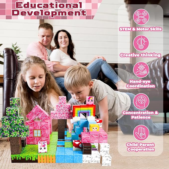 Magnetic Blocks - 100PCS Building Blocks Unicorn Cubes - Toys for Montessori Toddler Christmas Birthday Gifts - STEM Sensory Toys for 3 4 9 10 Year Old Girl