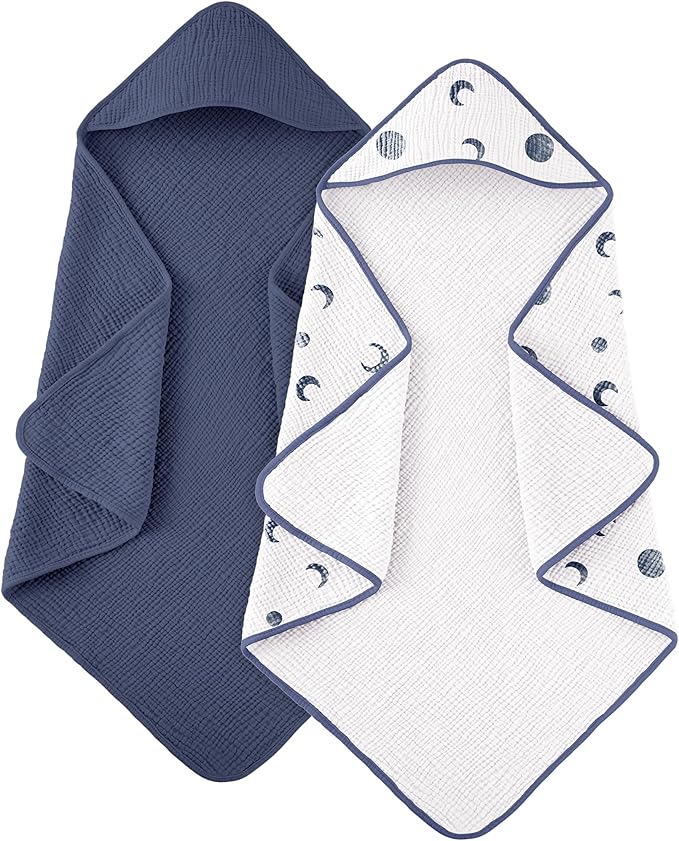 Susurration Hooded Baby Towels for Newborn 2 Pack 100% Muslin Cotton Towel for Babies，Highly Absorbent and Newborn Essential 30x30 Inch Moon&Royal Blue