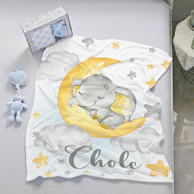 J&SBGFT Personalized Baby Blanket for Boys,Custom Baby Blanket with Name, Customized Name Blanket Receiving Blankets for Toddlers Kids Nursery Stroller Crib Decor Throw,Gray Elephant