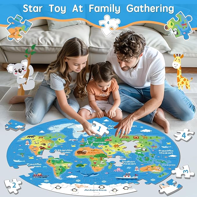 72 Piece World Map Jigsaw Puzzle for Kids 3-5, 4-6 Globe Round Floor Puzzles Geography Educational Birthday Gifts Learning Resource Educational Montessori Toys (World Map)