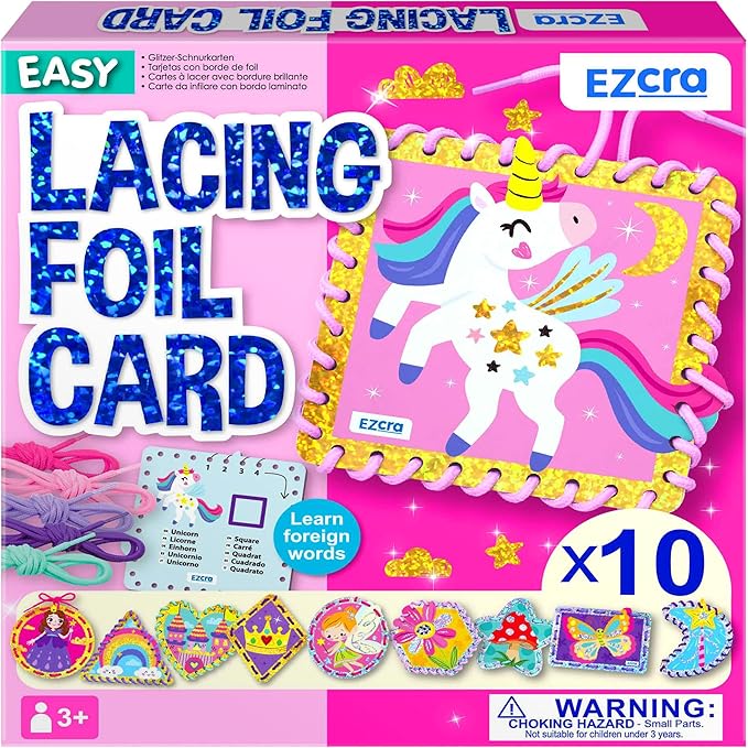 EZCRA Premium Foil Edge Lacing Cards for Kids Ages 3-6 | 10 Double-Sided Unicorn and Fairy Sewing Cards with Multilingual Learning | Durable Cardboard Fine Motor Skills Activity Kit
