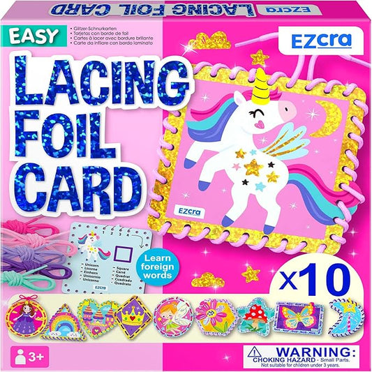 EZCRA Premium Foil Edge Lacing Cards for Kids Ages 3-6 | 10 Double-Sided Unicorn and Fairy Sewing Cards with Multilingual Learning | Durable Cardboard Fine Motor Skills Activity Kit