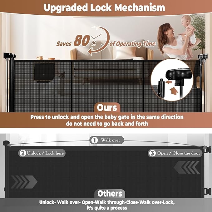 81" Retractable Baby Gate Extra Wide, 41" Tall Retractable Dog Gate for Stairs, Doorways, Decks, Mesh Gate Long Child Gate Pet Gate for Indoor, Outdoor, with Reinforced Mesh Rods, Dual Locks