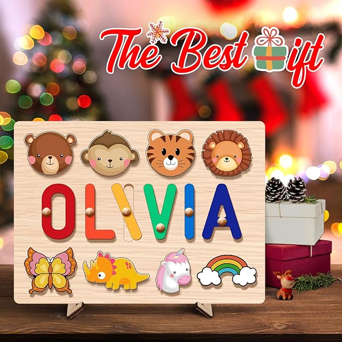 Name Puzzle for Kids Personalized - 1 Year Old Girl Gifts - Personalized Birthday Baby Gifts Toys for 1-3 Year Old Girls Boys Kids - Wooden Puzzle Engraved Text Blessing - Toddler Learning Toys