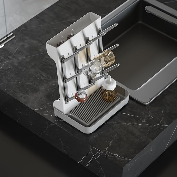 IEEK Baby Bottle Drying Rack,Large Vertical Drying Tower Bottle Rack Holder Space Saving Standing Drying Rack for Countertop-Holds 12 Baby Bottles and Cup,Etachable Travel Bottle Rack,Grey and White