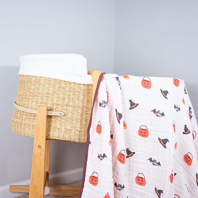 LollyBanks Muslin Baby Blanket 100% Organic Cotton, Muslin Quilt Lightweight, 6 Layers Soft Blanket Neutral, 47"x 47" Toddler Blankets for Girls and Boys (Pumpkin,Bat,Witch Hat/Halloween Print)