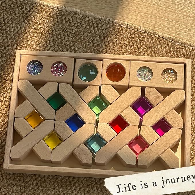 22PCS Wooden Cross Shape Blocks with Colorful Acrylic, Sparkling Square Monochrome Kaleidoscope Gem Educational Construction Toy for Toddlers (22PCS Fence Mixed)