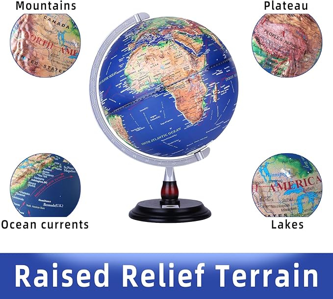 12” Raised Relief World Globe with LED Light, Desk Globe with Wood Base & Metal Meridian,Educational Geography Tool for Students, Teachers & Office Decor(Blue, 12 Inch)