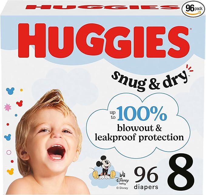 Huggies Size 8 Diapers, Snug & Dry Baby Diapers, Size 8 (46+ lbs), 96 Count (2 Packs of 48), Packaging May Vary