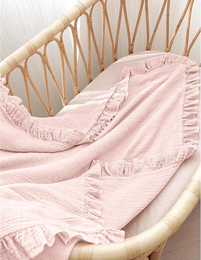 Konssy Flounce Muslin Baby Blankets, Cotton Crib Blanket for Baby Infant Toddler, Super Soft and Lightweight Nursery Blankets 40"x36" (Baby Pink)