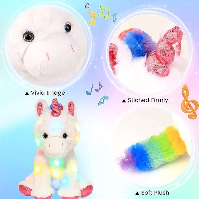 Hopearl LED Musical Stuffed Unicorn Light up Singing Plush Toy Adjustable Volume Lullaby Animated Soothe Birthday Festival for Kids Toddler Girls, White, 13''