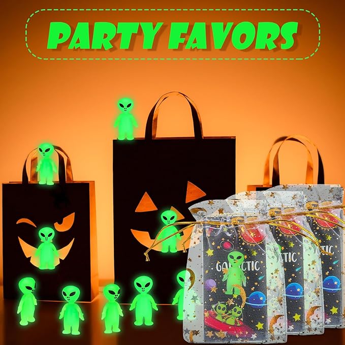 40 Pcs Glow in the Dark Mini Alien Figures Set with Card and Gift Bag for Space Birthday Party Favors Halloween Little Small Tiny Alien Figurines Statue for Hide and Seek(Green)